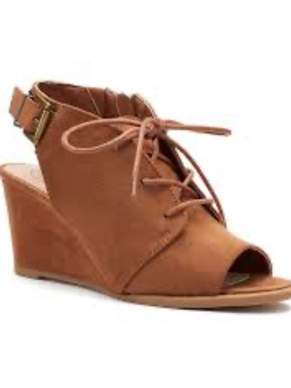 New Podcast Tan Brown Cognac Faux Suede Open Toe Wedge Ankle Boots Sz 7.5